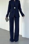 Women's Two-Piece Stylish Button Detail Mock Neck Blazer Jacket Wide-Leg Pants Set - 6