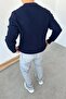 Navy Blue Crew Neck Oversize Knit Sweater - 3