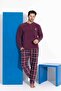 Men's Burgundy Plaid and Square Pattern Long Sleeve Father-Son Fleece Fabric Winter Warm Pajama Set - 2