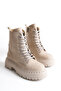 Women's Beige Matte Lace-Up and Zippered Boots