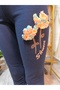 Girl's Leggings Winter Ribbed Cotton Elastic Waist Embroidered Tulip Navy Blue - 2