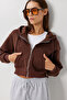 Hooded Zippered Ribbed Knitted Sweatshirt Lpx0004 Brown - 2