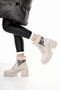 Beige Zebra Patterned Women's Boots with Buckle Collar Detail - 2