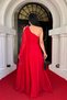 Glitter Tulle Fabric Pleated Detail Evening Dress - Red - 5