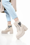 Beige Zebra Patterned Women's Boots with Buckle Collar Detail