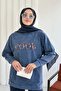تونيك بياقة دائرية وتطريز أمامي قابل للغسل 8920 - أزرق - 2