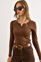Women's Dark Brown Metal V-Detail Stretchy Ribbed Knit Blouse BLZ-19003129