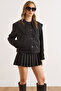 Women's Black Collar Cuff Detailed Pocketed Crop Trench Coat Trc-00000011