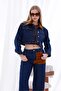 Navy Blue Velvet Detailed Crop Jacket and Wide Leg Jeans Set - 3
