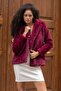 Women's Fur Collar Long Sleeve Lined Medium Length Coat-Burgundy - 3