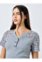 Crochet Lace Sleeve Rib Placket T-Shirt and Pyjama Set - 3