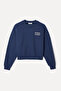 Women's Navy Blue Printed Crew Neck Crop Sweatshirt
