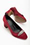 Women's Siletto Heeled Shoes Burgundy Satin Stone Thick Heeled - 2