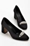 Women's Siletto Heeled Shoes Black Satin Stone Thick Heeled