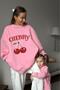 Women's Pink Crew Neck Cherry Printed Crew Neck Sweatshirt - 2