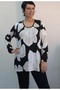 Black and White Ecru Floral Print Front Gathered Long Sleeve Combed Viscose T-Shirt