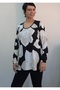 Black and White Ecru Floral Print Front Gathered Long Sleeve Combed Viscose T-Shirt - 3