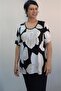 Black and White Ecru Patterned Front-Cinched Short-Sleeved Combed Viscose T-Shirt - 7