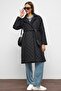 Belted Double-Breasted Quilted Coat with Snap Closure Black 6786 - 4