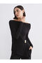 Black Boat Neck Gathered Blouse