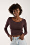 Women's Drawstring Detailed Long Sleeve Brown Viscose Blouse
