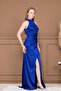 Satin Halter Neck Tie-Detail Long Evening Dress - Cobalt Blue - 5