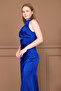 Satin Halter Neck Tie-Detail Long Evening Dress - Cobalt Blue - 3