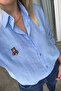 Teddy Bear Embroidered Linen Textured Long Sleeve Blue Women's Shirt - 3