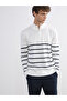 Ecru Stand Collar Striped Men's Knit Sweater