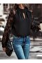 Women’s Long Sleeve Blouse with Chest Cutout Detail, Turtleneck, Mesh Sleeves, Sandy Fabric - 3
