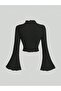 Black Ribbed Knit Blouse Long Sleeve, Flared Sleeve, High Neck Crop Top - 2