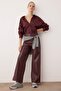 Bordo Suni Deri Wide Leg Cep Detaylı Örme Pantolon TWOAW26PL00096