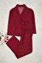 More Sustainable Bordo Puantiye Desenli Kruvaze Yaka Dokuma Pijama Takımı TBBAW24AI00027 - 2