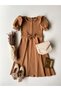 Women's Camel Color Watermelon Sleeve Crepe Midi Length Flared Dress - 6