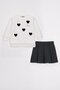 Crew Neck Heart Printed Ecru-Black Color Girl's Skirt Suit - 2
