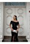 Stretchy Scuba Fabric Bow Front Stone Detail Slit Long Evening Dress 583289 BLACK - 2