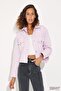 Women's Buttoned Short Polo Collar Pocket Lilac Denim Jacket - 2