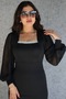 Women's U Collar Sleeves Tulle Collar Stone Detail Evening Dress (Color) - 7