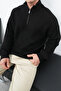 Zippered Black Stand Collar Basic Oversize Sweater - 8