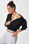 Zippered Hooded Ribbed Knitted Crop Sweatshirt Len0036 Black - 2