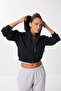 Zippered Hooded Ribbed Knitted Crop Sweatshirt Len0036 Black - 4