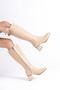 Women's Below the Knee Nut Heeled Shiny Detailed Zippered Leather Look Long Boots