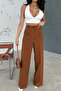 Light Brown Pleated Fabric Palazzo Trousers - 2