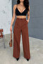 Brown Pleated Fabric Palazzo Trousers - 6