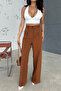 Light Brown Pleated Fabric Palazzo Trousers - 4