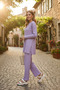 Lilac Cotton Ribbed Women's Blouse Pants Two-Piece Set - 2
