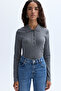 Women's Anthracite Melange Fitted Long Sleeve Blouse