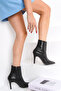 Black Leather Short Pointed Heeled Boots - 2