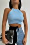 Blue Neck Tie Knitwear Crop Blouse 7012 - 6