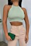 Green Neck Tie Knitwear Crop Blouse 7012 - 2
